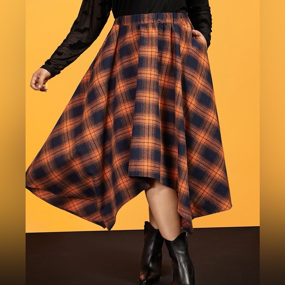 BloomChic Dresses & Skirts - BloomChic Asymmetrical Plaid Flannel Skirt in Orange and Blue Plus Size 2X